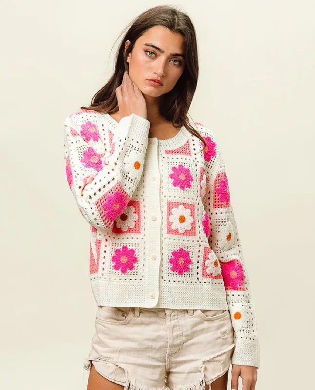 Flower Crochet Lace Cardigan Notch Collar Peter Pan Collar Cowl Neck