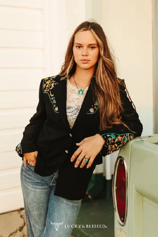Black Suede Lucky Embroidered Sleeve /Yoke Blazer Silk Women's Blazer
