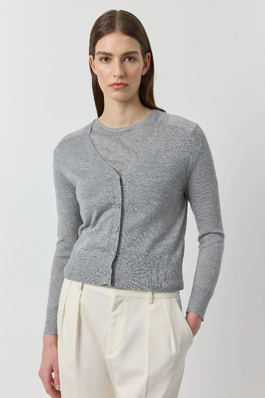 Cashmere Lurex Cardigan - Grey Melange/Silver Cable Knit Ribbed Knit Lace Knit