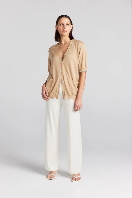 Cashmere Silk Short Sleeve Cardigan - Camel/Cream Tipping Chenille Fabric Brocade Fabric Lace Fabric Cashmere Silk Short Sleeve Cardigan - Camel/Cream Tipping Chenille Fabric Brocade Fabric Lace Fabric