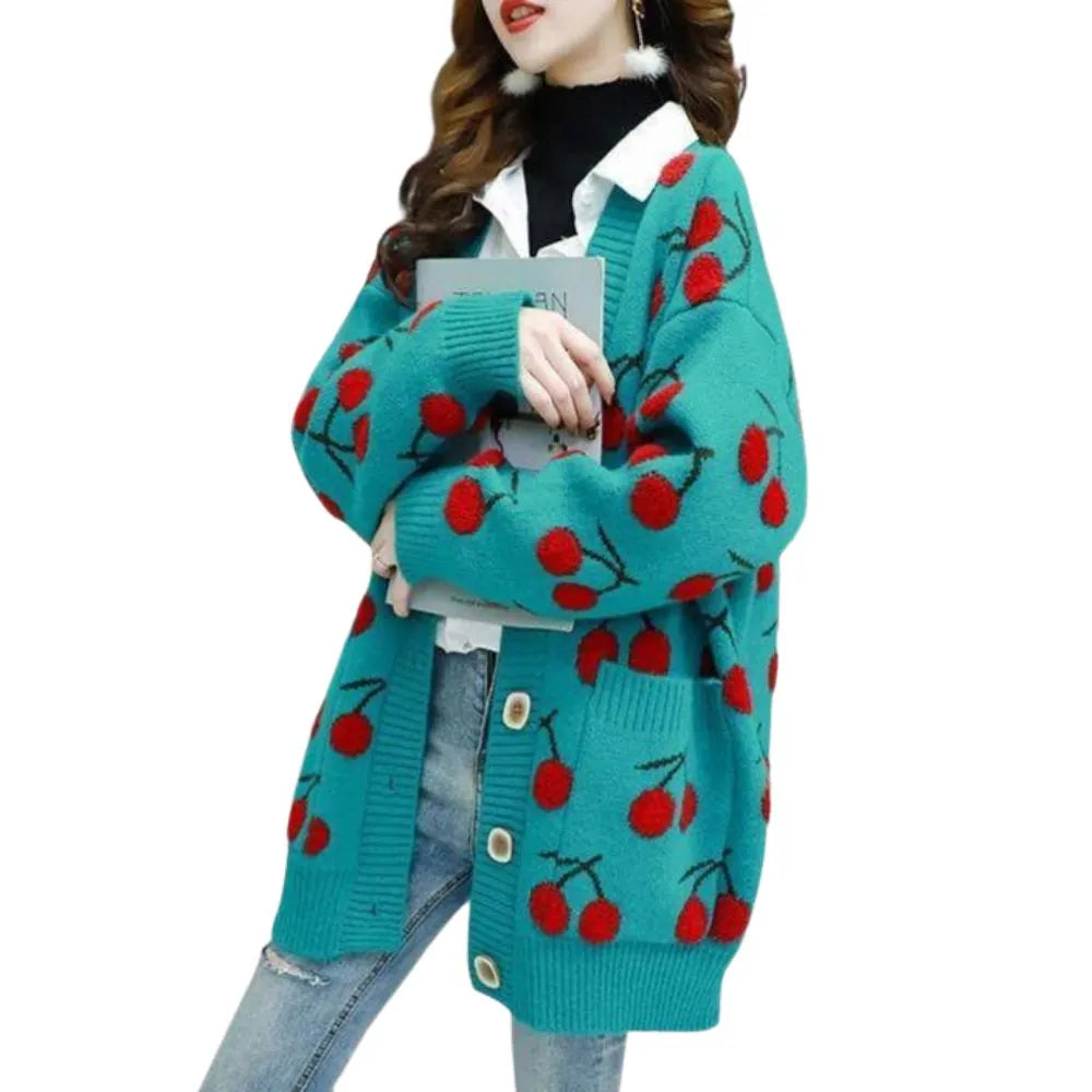 Cherry Pattern Korean Style Knitted Ladies Cardigan Casual Kawaii Harajuku Fruit Geek Chic Hooded Caped Shawl Collar Cherry Pattern Korean Style Knitted Ladies Cardigan Casual Kawaii Harajuku Fruit Geek Chic Hooded Caped Shawl Collar