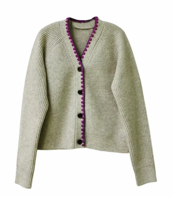 Chunky Knit Cardigan With Contrast Stitching Asymmetrical,ymmetric Pencil Cardigan