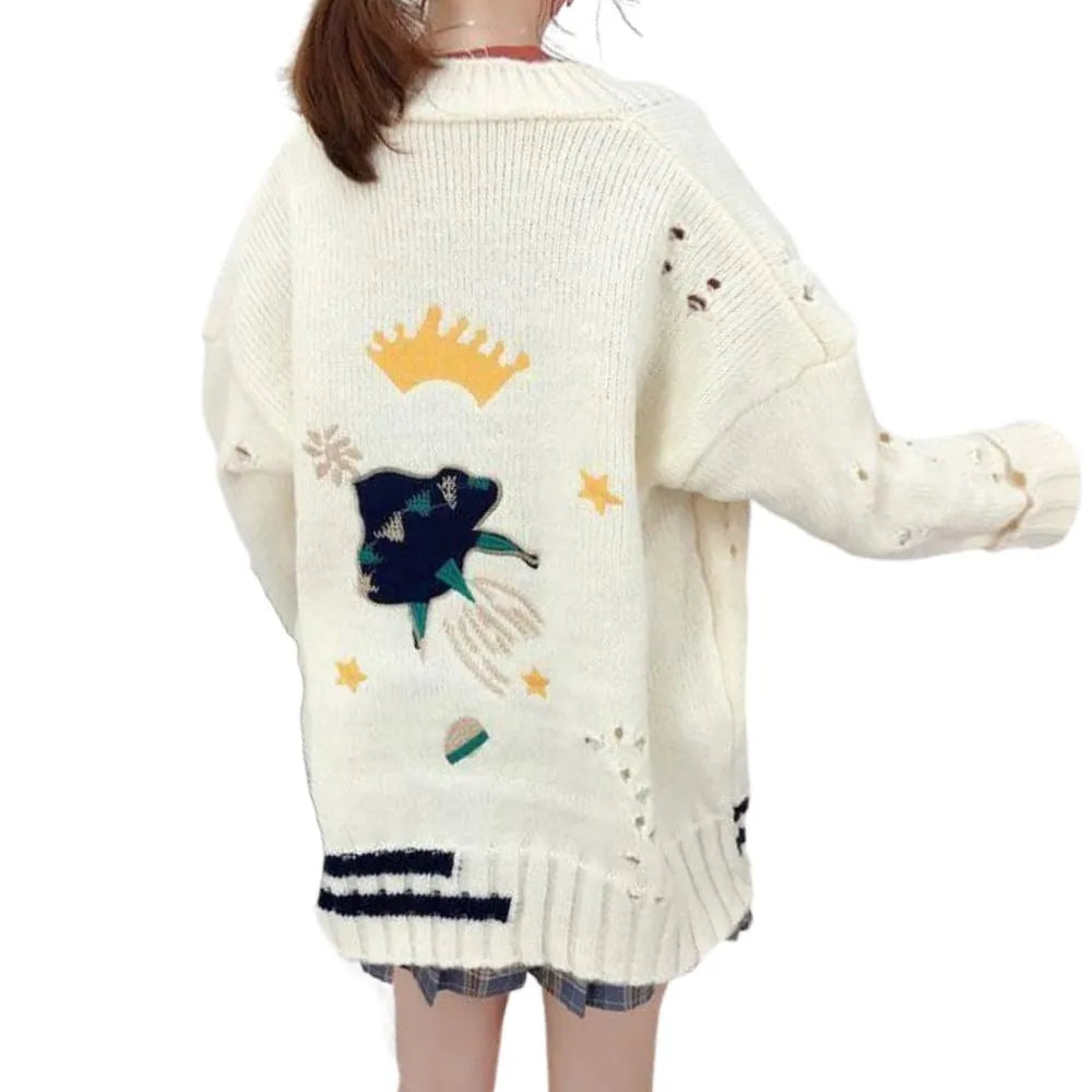 Spaceship UFO Crown Women's Cardigan Korean Style V-Neck Knitted Cardigan Casual Kawaii Harajuku Geek Chic Wool Fabric Cashmere Fabric Tweed Fabric