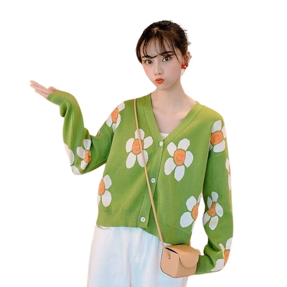 Daisy Print Women's Cardigan: Korean Style V-neck Knitted Cardigan with Floral Print Striped Floral Plaid Daisy Print Women's Cardigan: Korean Style V-neck Knitted Cardigan with Floral Print Striped Floral Plaid