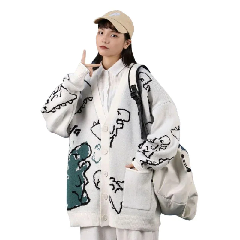 Dinosaur Print Oversized Knitted Women's Cardigan: A Cute and Casual Must-Have for Fans of Dinosaurs Thin Thick Dense