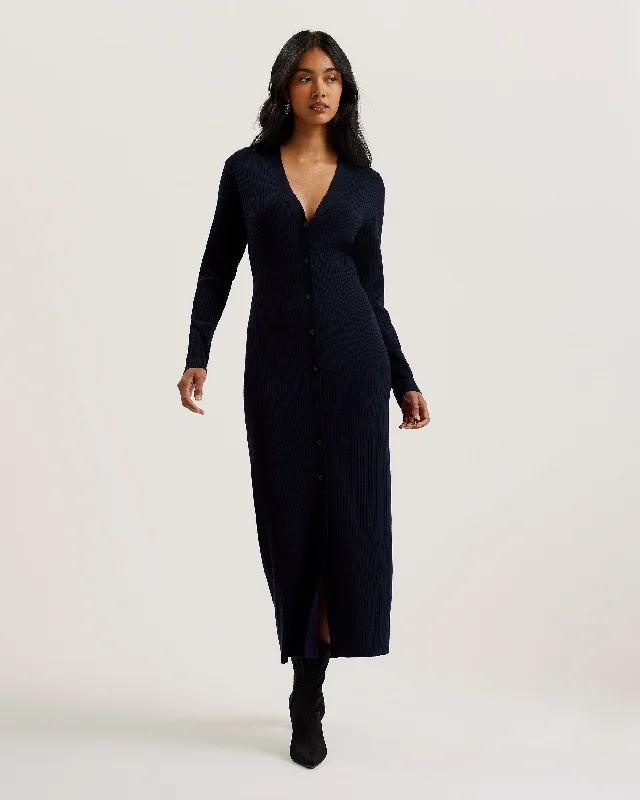 Elmhaa Ribbed Knitted V Neck Maxi Cardigan Navy Lace Blend Ribbed Blend Corduroy Blend