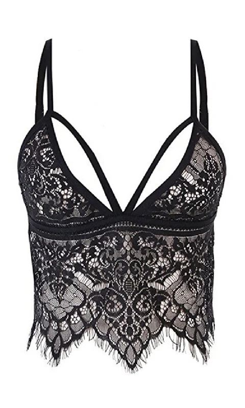 Elusive Desire Black Eyelash Lace Sleeveless Spaghetti Strap Cut Out V Neck Crop Bralette Tank Top Lingerie breathable tank top