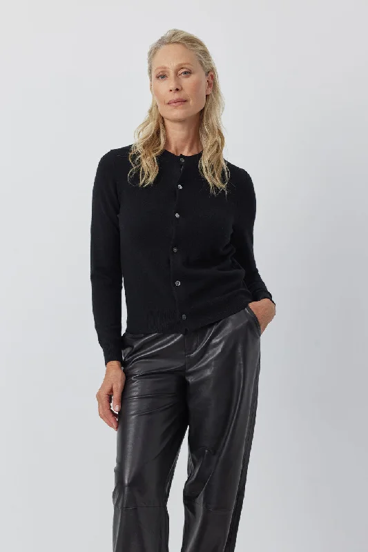 Essential Cashmere Crew Cardigan - Black Denim Fabric Leather Fabric Suede Fabric