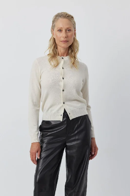 Essential Cashmere Crew Cardigan - Cream Front Pockets Side Pockets Patch Pockets