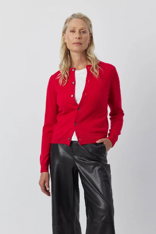 Essential Cashmere Crew Cardigan - Red Tailored Straight A-Line
