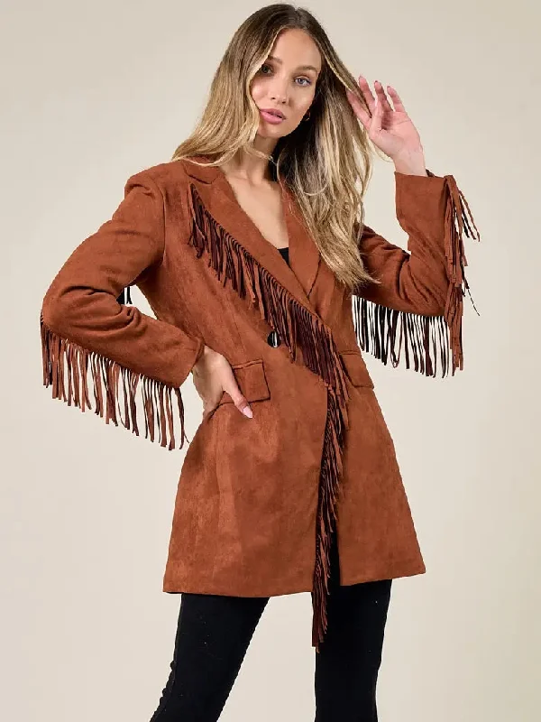 Faux Suede Fringed Blazer Women's Navy Jacket