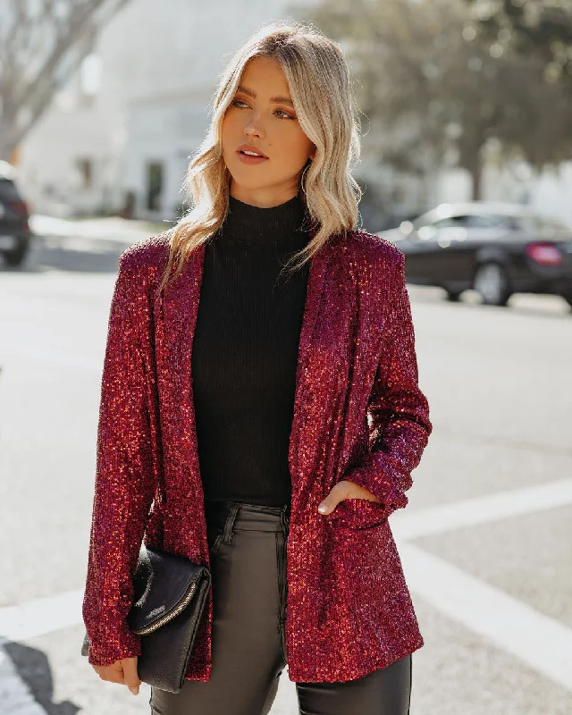 Festive Flair Pocketed Sequin Blazer - Burgundy Women's Unique Blazer