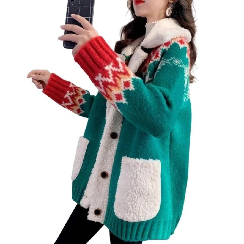 Fluffy Collar Christmas Women's Cardigan: Bold Xmas print for those colder months Jersey Fabric Tulle Fabric Batik Fabric