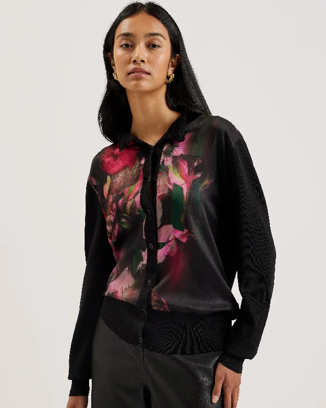 Gemhaa Woven Front Printed Cardigan Black Fitted Loose Oversized
