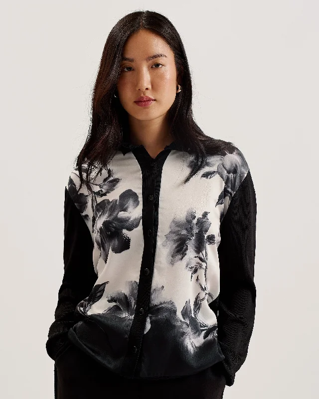 Gweenn Printed Woven Front Longline Cardigan Black Print Jacquard Patchwork