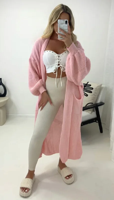 Isabella Balloon Sleeved Knitted Maxi Cardigan Crew Neck V-Neck Turtle Neck