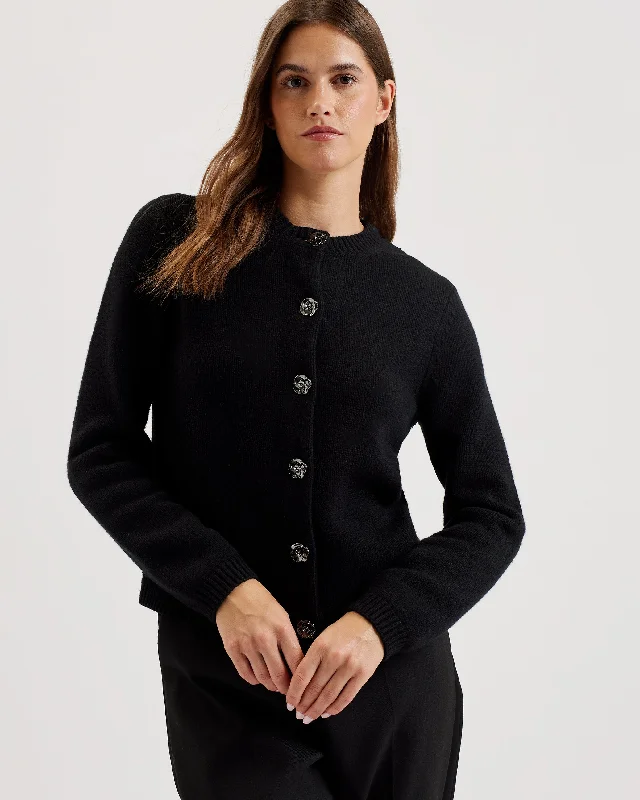 Jaycey Rose Button Crew Neck Cardigan Black Oversized Loose Flowy