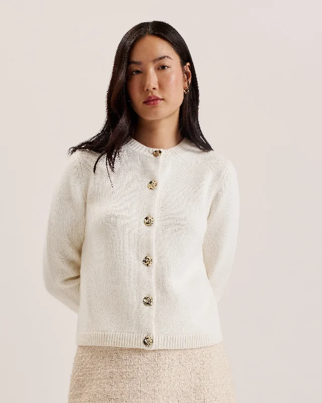 Jaycey Rose Button Crew Neck Cardigan Ivory Mesh Cardigan Canvas Denim