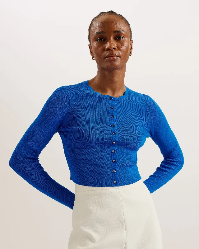 Kklara Cropped Scallop Trim Cardigan Mid-Blue Crew Neck V-Neck Turtle Neck