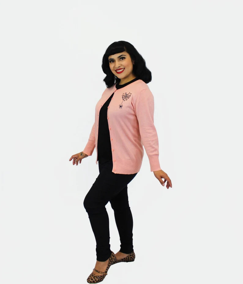 Long Sleeve Pink Embroidered Spiderweb Cardigan Sweater Fitted Slim Tailored