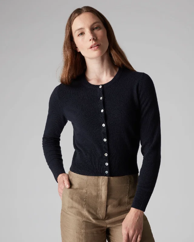 Women's Ivy Cropped Cashmere Cardigan Navy Blue Houndstooth Herringbone Solid