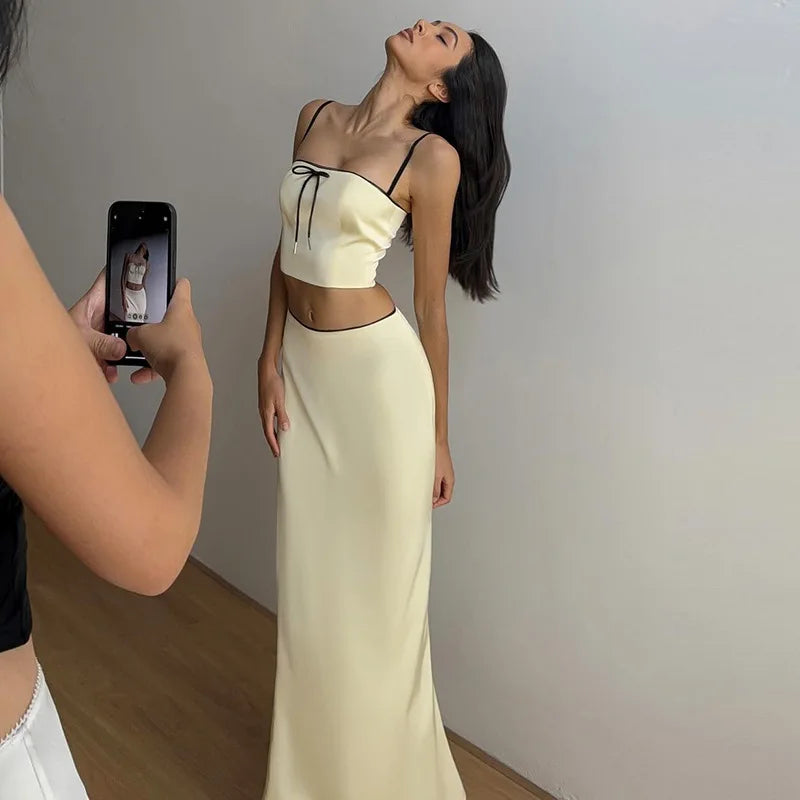 Lunivop Satin Sleeveless Bow Short Camis Crop Top Long Skirt Women'S Sets Summer Y2K Streetwear Elegant Evening Casual Clothes pastel tank top
