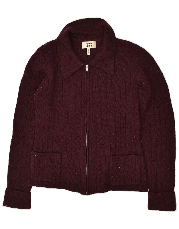 OASIS Womens Cardigan Sweater UK 12 Medium Burgundy Wool Striped Floral Plaid