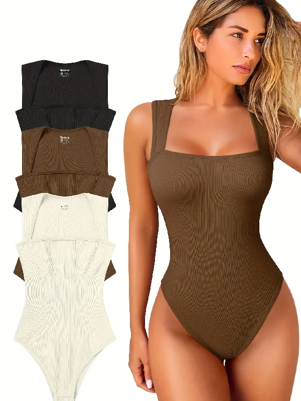 OQQ 3 Piece Bodysuits For Women Sexy Ribbed Strappy Square Neck Stretch Tank Tops Bodysuits fitness tank top
