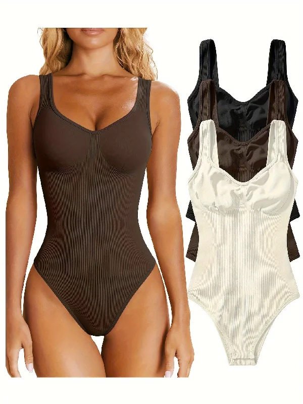 OQQ Women's 3 Piece Bodysuits Sexy Ribbed Sleeveless Shapewear Tank Tops Bodysuits lounge tank top