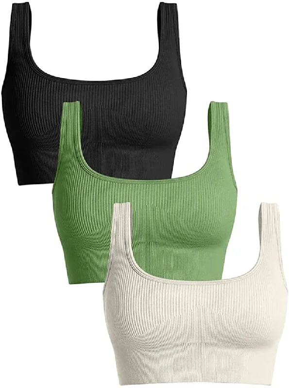 OQQ Women'S 3 Piece Medium Support Tank Top Ribbed Seamless Removable Cups Workout Exercise Sport Bra beige tank top