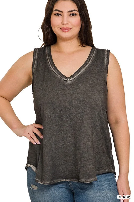 Plus Washed Raw Edge V-Neck Tank Top fitness tank top
