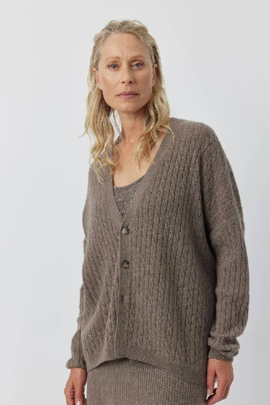 Relaxed Cashmere Cable Cardigan - Walnut Chenille Fabric Brocade Fabric Lace Fabric