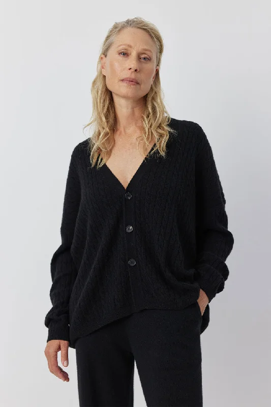 Relaxed Cashmere Cable Cardigan - Black Long Cardigan Short Cardigan Medium Cardigan Relaxed Cashmere Cable Cardigan - Black Long Cardigan Short Cardigan Medium Cardigan