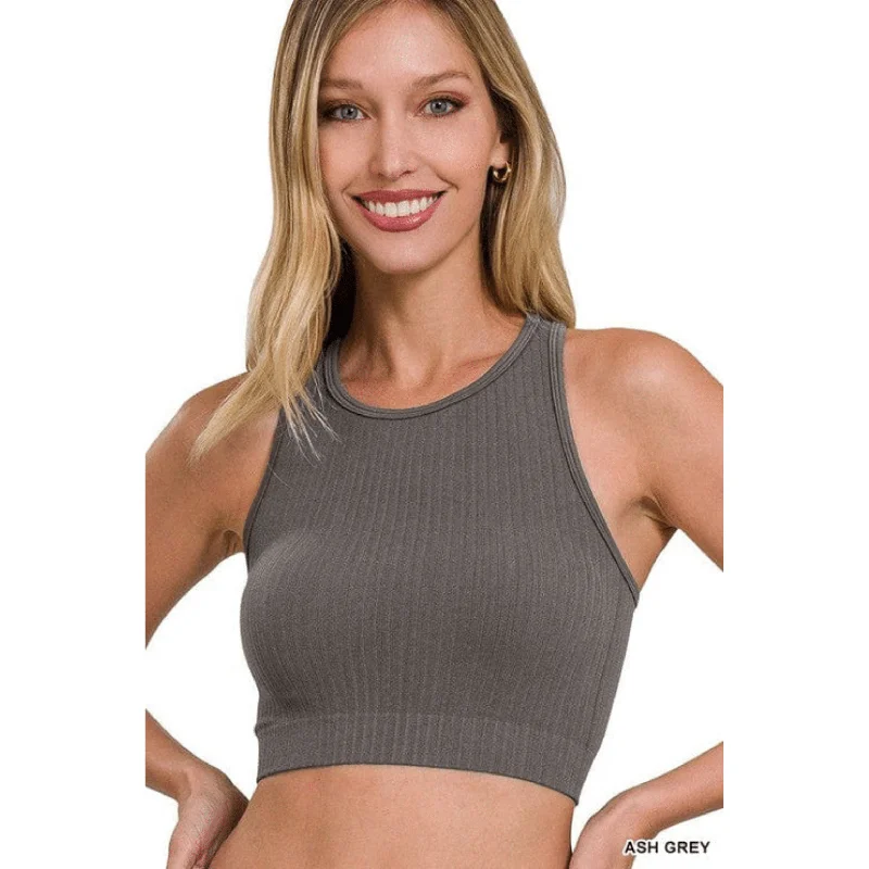 Ribbed seamless racerback crew neck crop tank top gold tank top