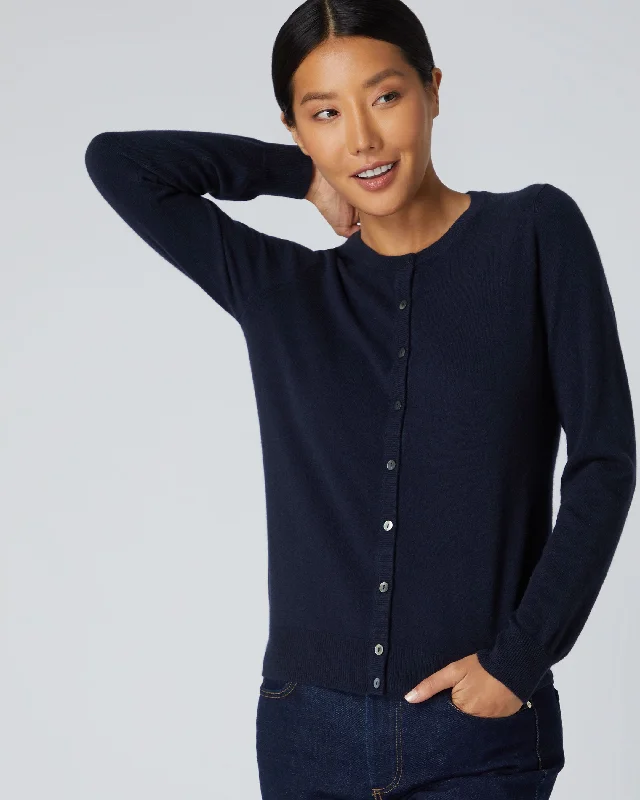 Women's Olivia Round Neck Cashmere Cardigan Navy Blue Notch Collar Peter Pan Collar Cowl Neck