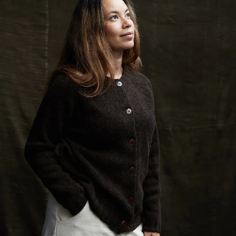 Womens Coast Cardigan - Lambswool - Carob Denim Fabric Leather Fabric Suede Fabric
