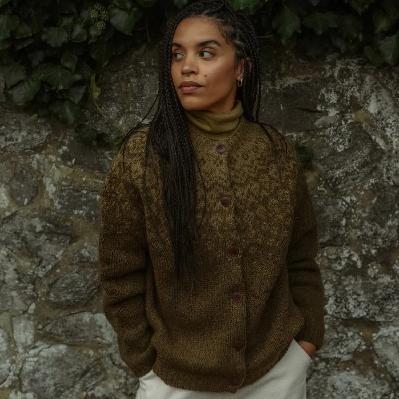 Womens Fauna Cardigan - Lambswool - Olive Ribbed Striped Patterned