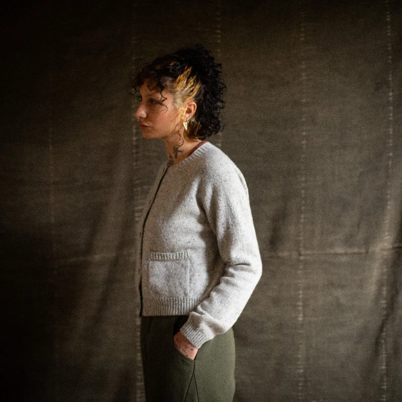 Womens Terra Cardigan - Donegal Wool - Shale Welt Pockets Slit Pockets Flap Pockets