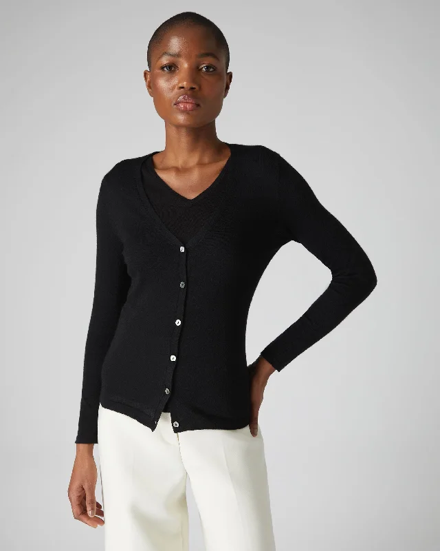Women's Mia Superfine Cashmere V Neck Cardigan Black Real Fur Shearling Chenille