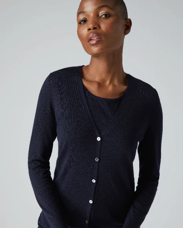 Women's Mia Superfine Cashmere V Neck Cardigan Navy Blue Zippered Buttoned Snapped