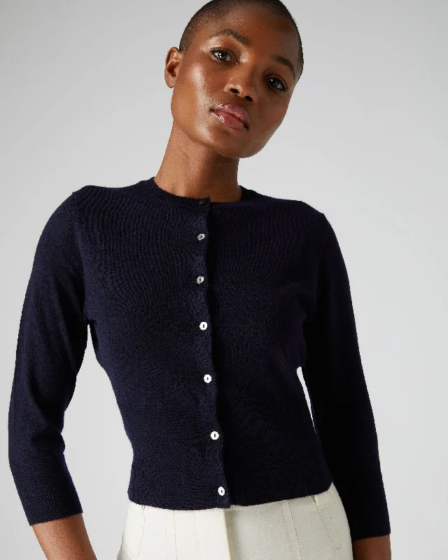 Women's Darcie Superfine Cashmere Cropped Cardigan Navy Blue Solid Color Striped Floral Print