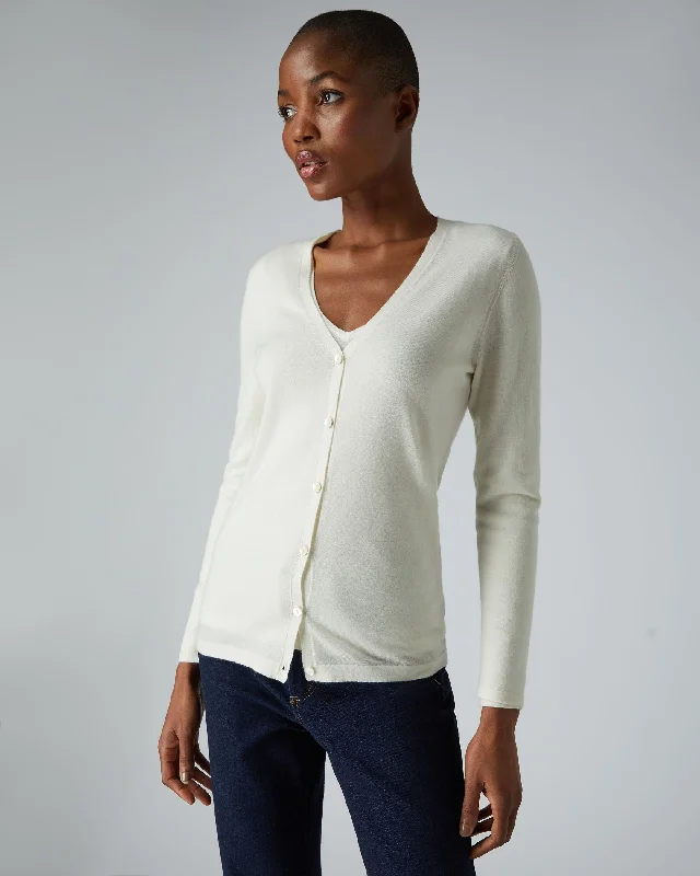 Women's Mia Superfine Cashmere V Neck Cardigan New Ivory White Front Pockets Side Pockets Patch Pockets