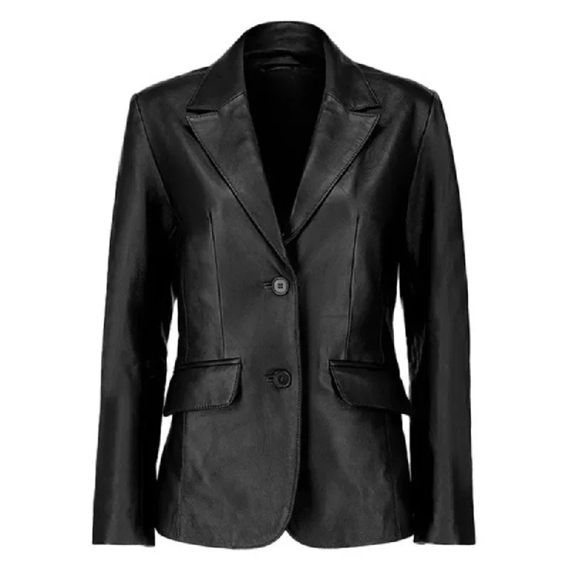 Two Button Ladies Black Leather Blazer Women's Fashion Blazer
