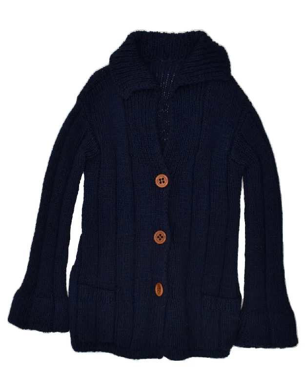 VINTAGE Womens Cardigan Sweater UK 14 Medium Navy Blue Striped Floral Plaid