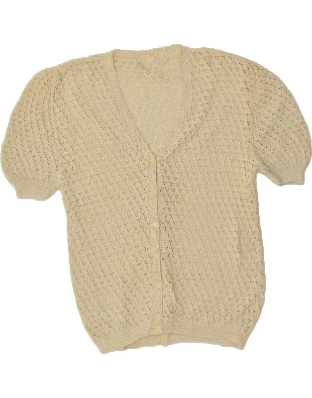 VINTAGE Womens Short Sleeve Cardigan Sweater UK 14 Large Beige Embroidered Appliqued Beaded VINTAGE Womens Short Sleeve Cardigan Sweater UK 14 Large Beige Embroidered Appliqued Beaded