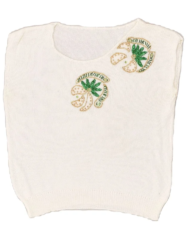 VINTAGE Womens Vest Tank Top UK 14 Medium White Floral high neck tank