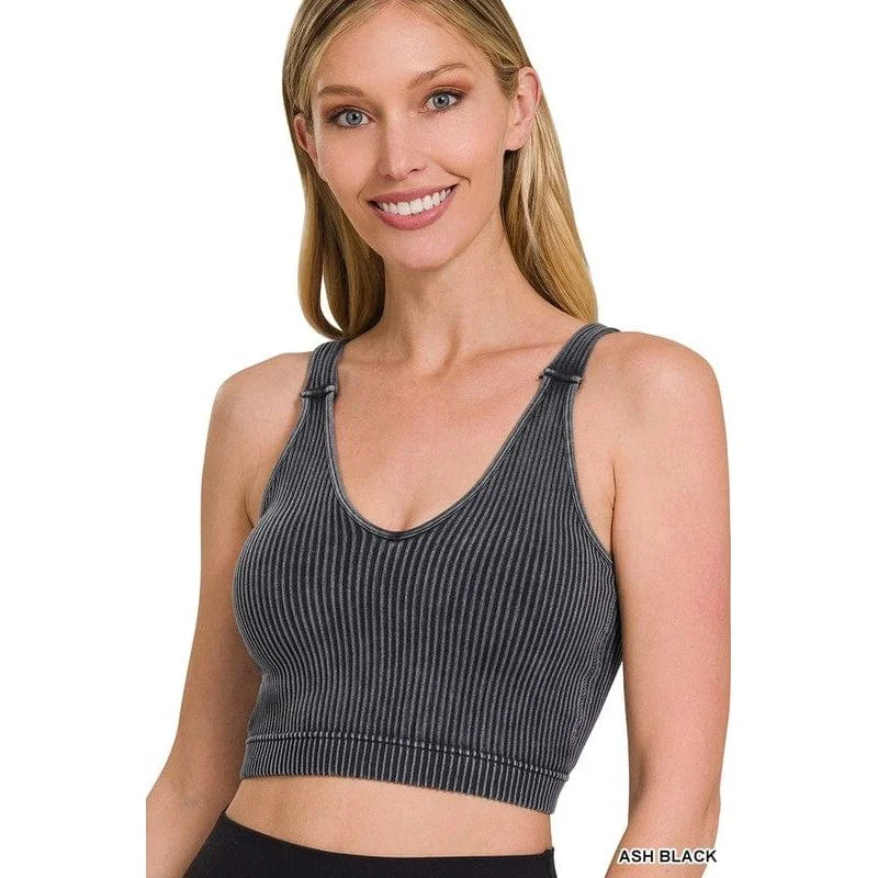 Washed Ribbed Cropped Bra Padded Tank Top silver tank top