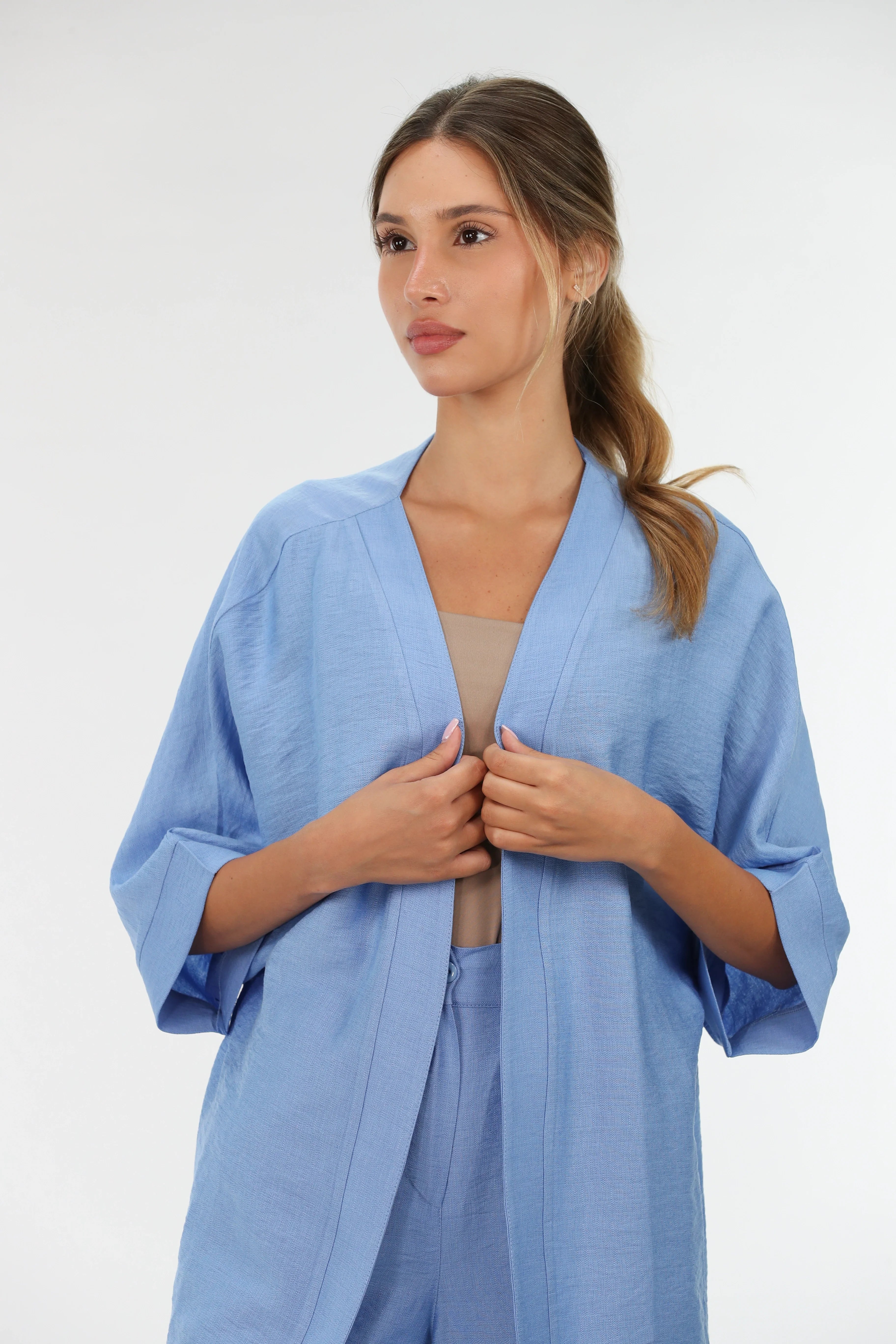 Blue Drop Shoulder Linen Cardigan Rayon Fabric Velvet Fabric Corduroy Fabric