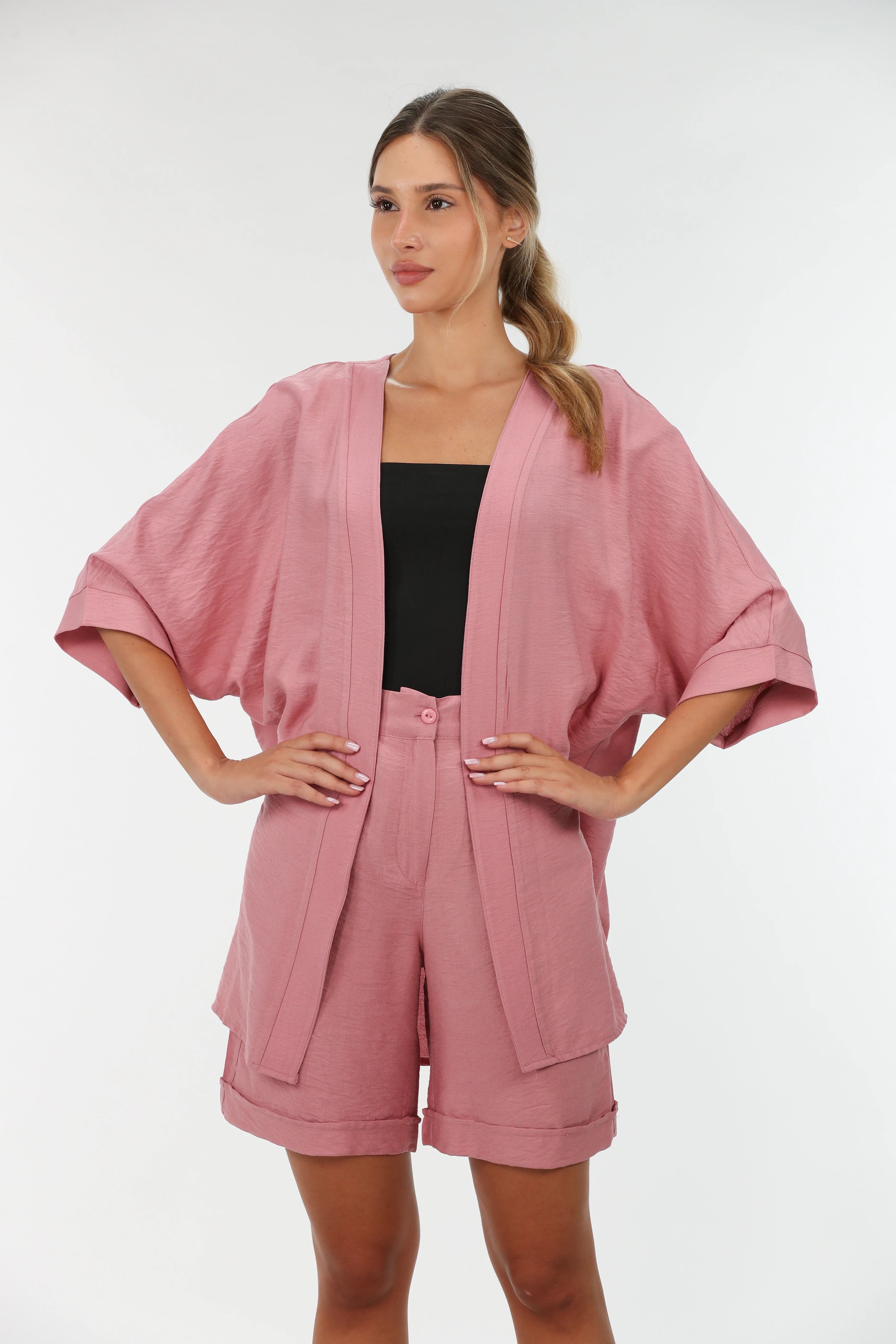 Pink Drop Shoulder Linen Cardigan Stylish Fashionable Trendy