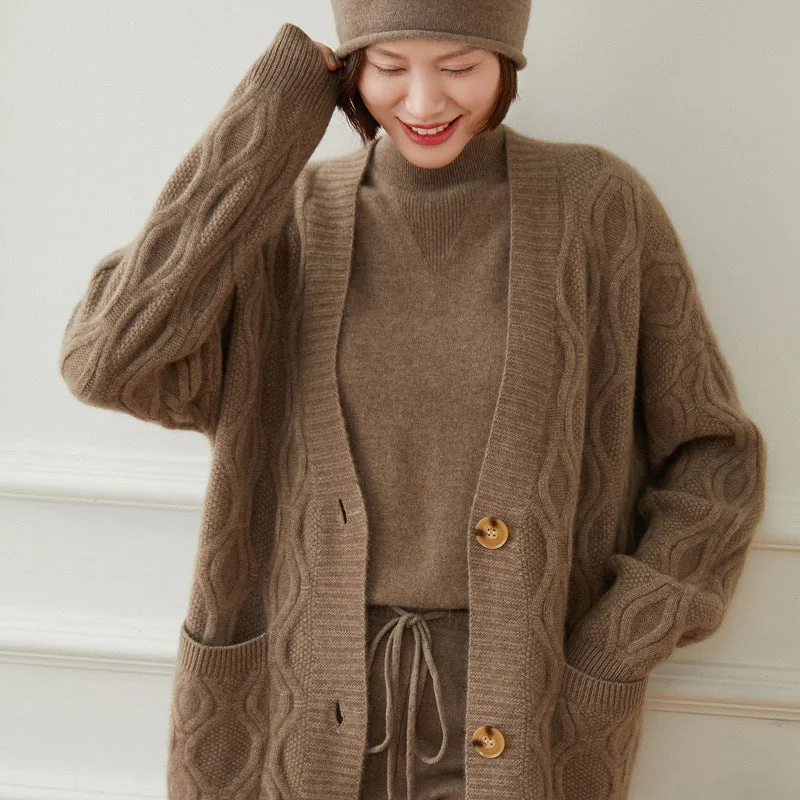 Women Cashmere Cardigan Winter Loose Warm Button Front Pocket Long Sleeve Cashmere Cardigan Seamless Knitted Crochet Women Cashmere Cardigan Winter Loose Warm Button Front Pocket Long Sleeve Cashmere Cardigan Seamless Knitted Crochet